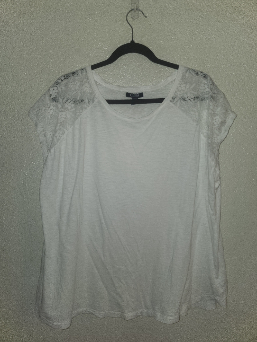 🤍EUC Chaps "Burnout / Slub Knit Semi Sheer Top w/ Lace Shortsleeves" White🤍 2X